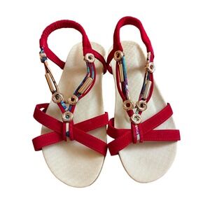Vintage Red Slingback Flat Sandals Gold Hardware Boho Comfort Strappy Size 40